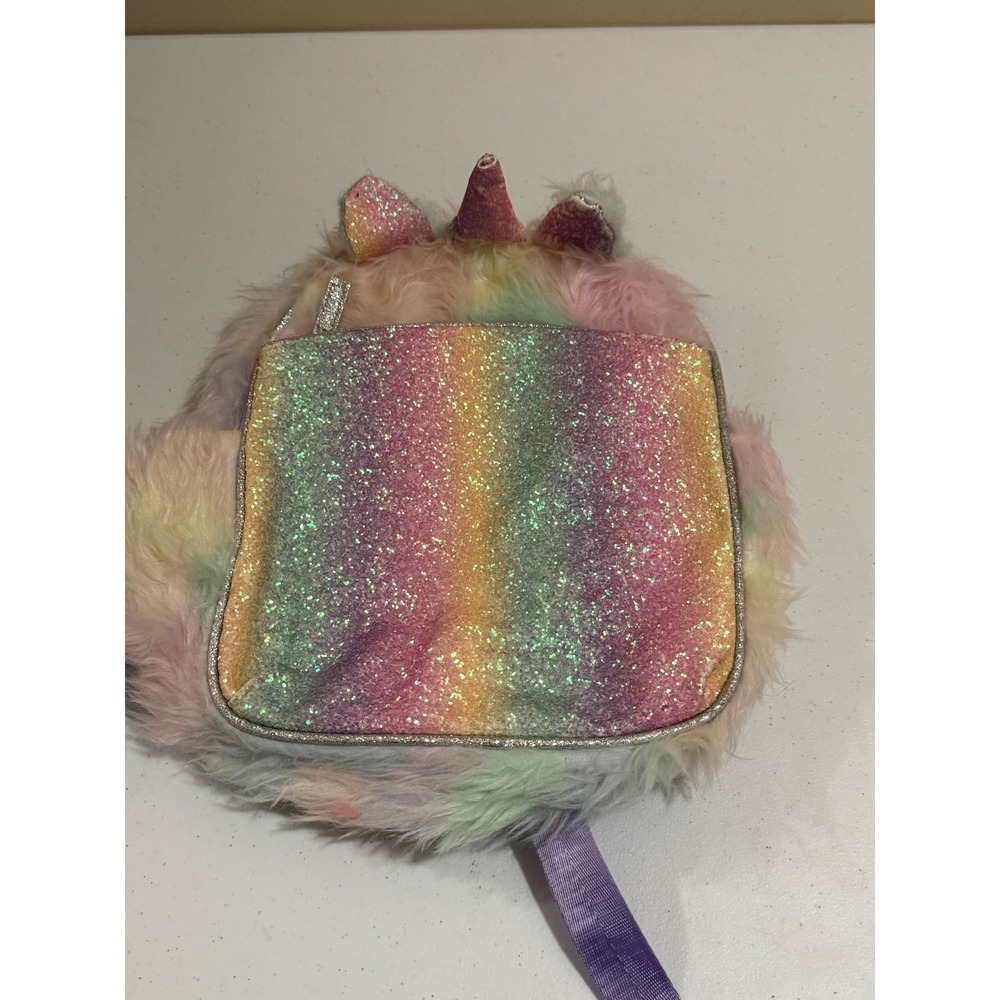 Rainbow Faux Fur Unicorn Mini Backpack Glitter Pastel Plush Kids Bag